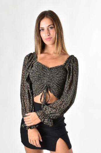 Top corto, crop top manga larga animal print