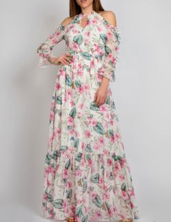 Vestido Largo Flores con Hombro Descubierto