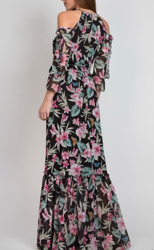 Vestido Largo Flores con Hombro Descubierto